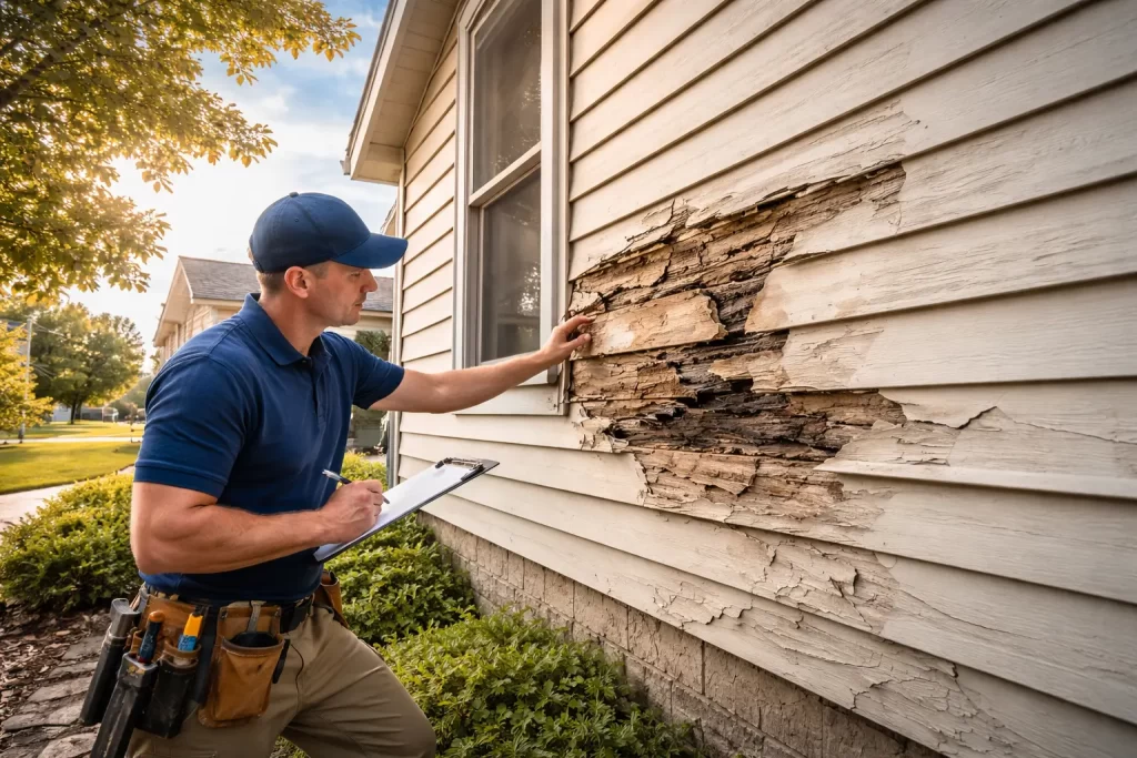 Expert inspecting damaged siding
